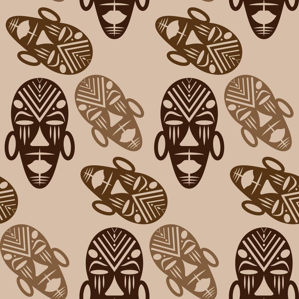 Seamless African background, ethnic tribal mask pattern, Primitive ritual masks of savages. Texture of vintage Afro Art design. Aztec Indian Maya Mexican traditional native culture in brown color vector