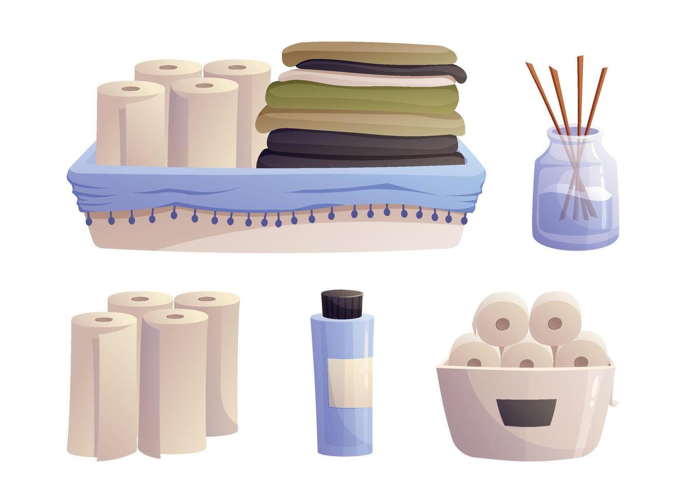 Toilet paper roll and paper towel storage. Decorative containers for bathroom and laundry room decor. Set of cartoon isolated illustrations. vector