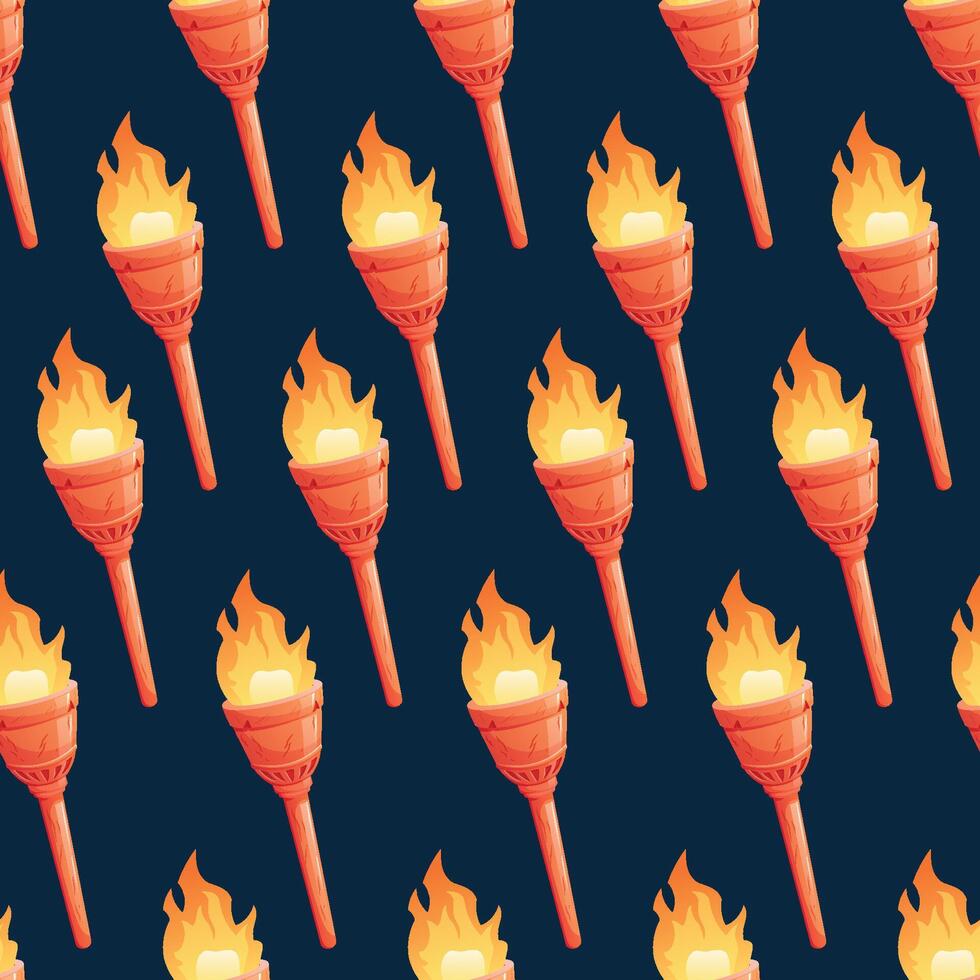 Ancient metal Medieval torch with burning fire. Cartoon element for pc game, flaming torchlight or lighting flambeau. seamless pattern. vector