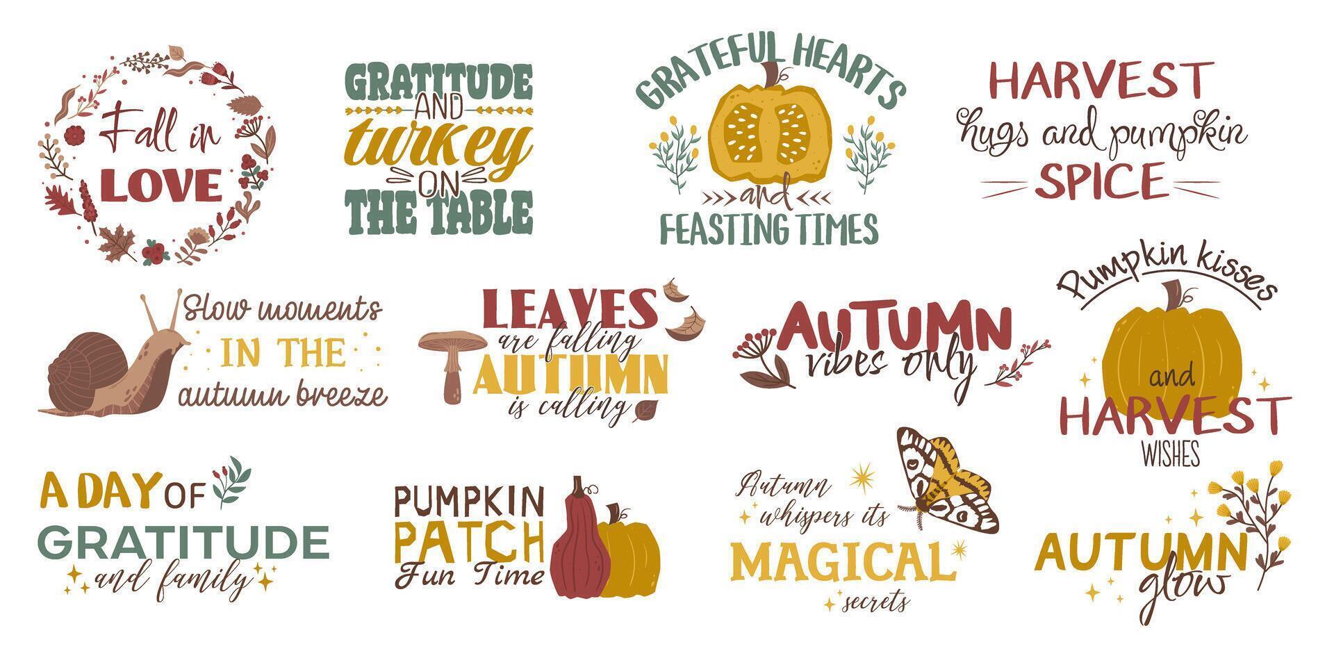 Autumn set of lettering slogans for fall season. Autumn phrases with cute and cozy design elements. Fall lettering collection in warm shades of green red and yellow isolated on white vector