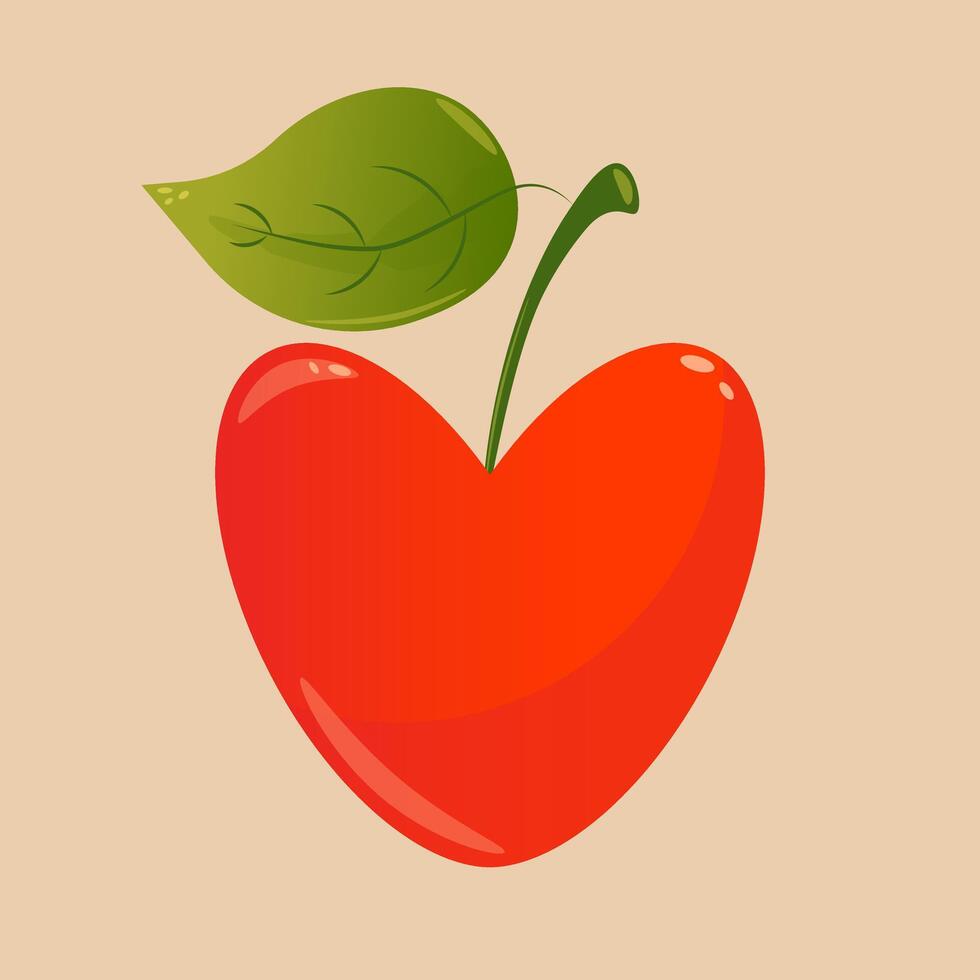 Autumn red heart shaped apple with green tail and green leaf. Flat illustration. vector