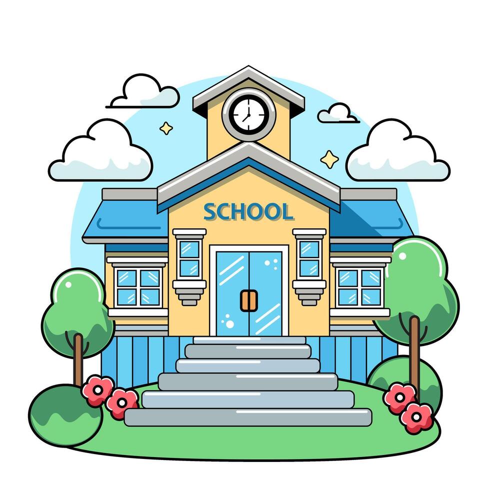 A school building with a clock and windows, doors and stairs. Green trees and bushes with flowers. Flat illustration vector