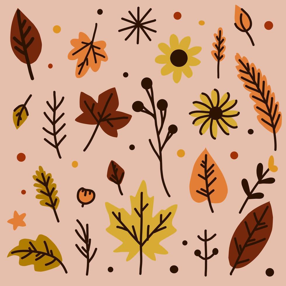A set of multi-coloured autumn leaves on a light background. Yellow and red leaves are laid one by one and in pairs. vector
