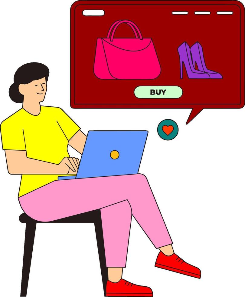 a woman sitting on a chair with a laptop and a shopping bag vector