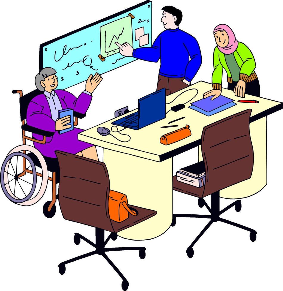 a cartoon of people in a meeting room vector