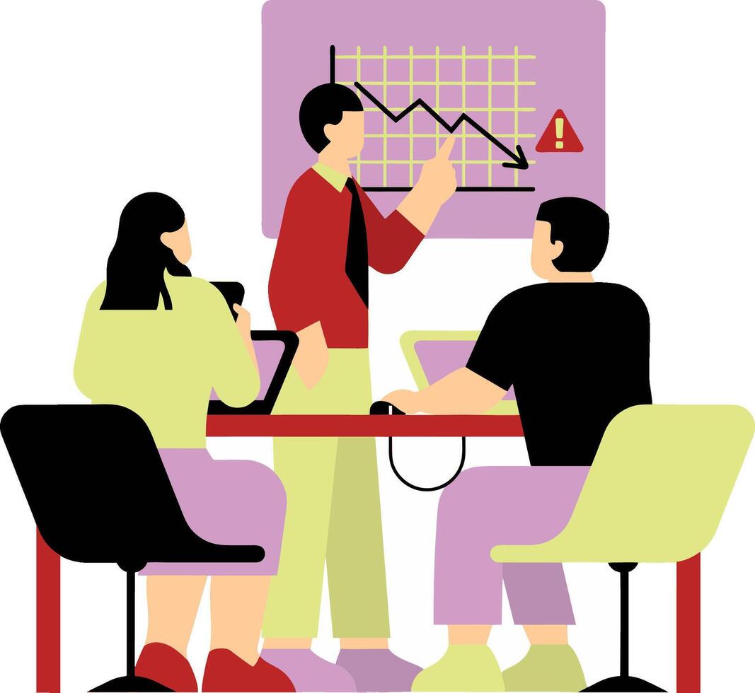 a group of people sitting around a table with a chart on the wall vector