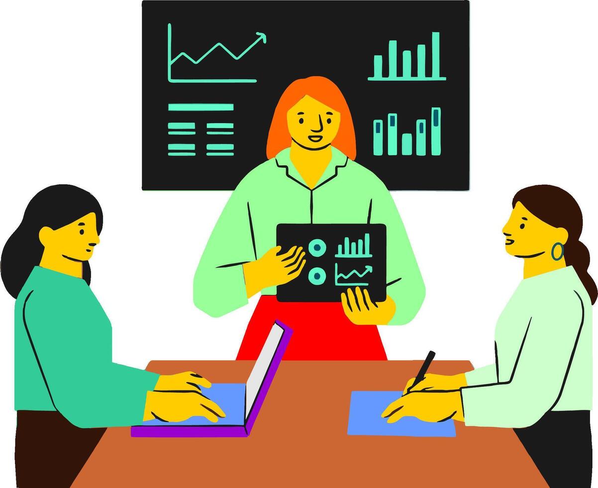 three women are sitting at a table with a laptop and a chart vector