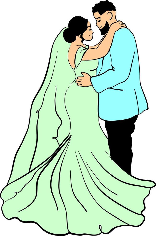 an illustration of a bride and groom hugging vector