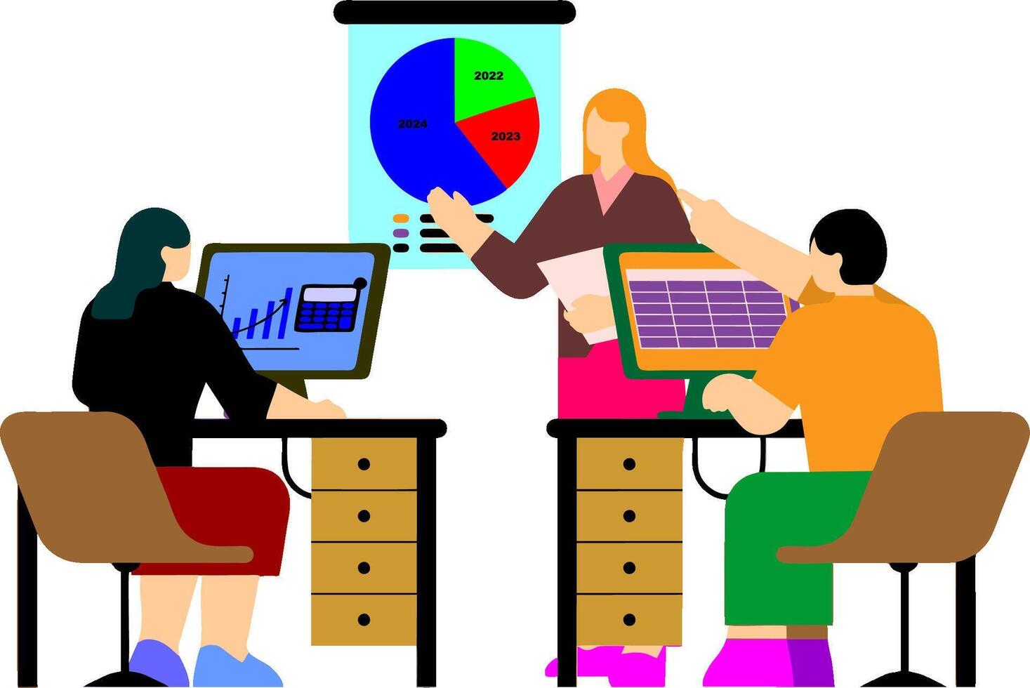people working at a desk with a chart on the wall vector