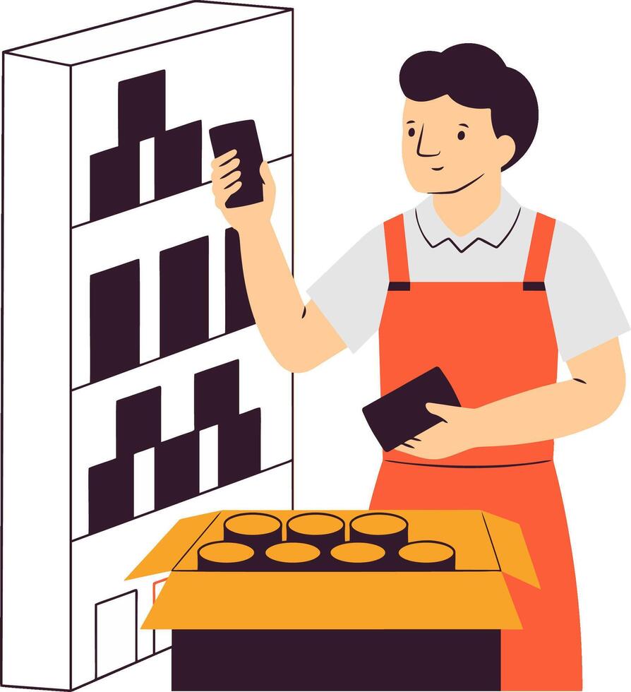 a man in an orange apron is holding a box of chocolate vector