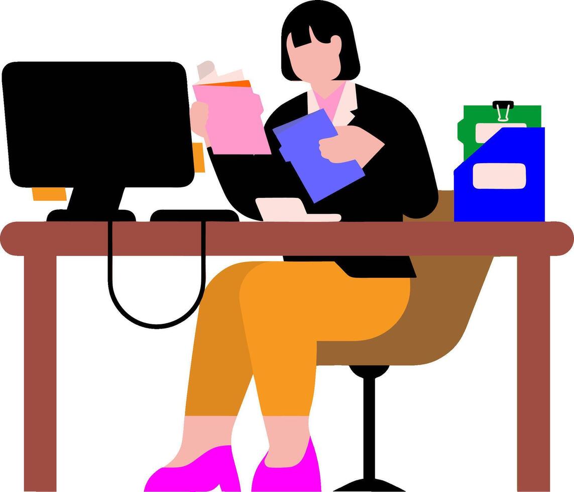 a woman sitting at a desk with a computer and a stack of papers vector