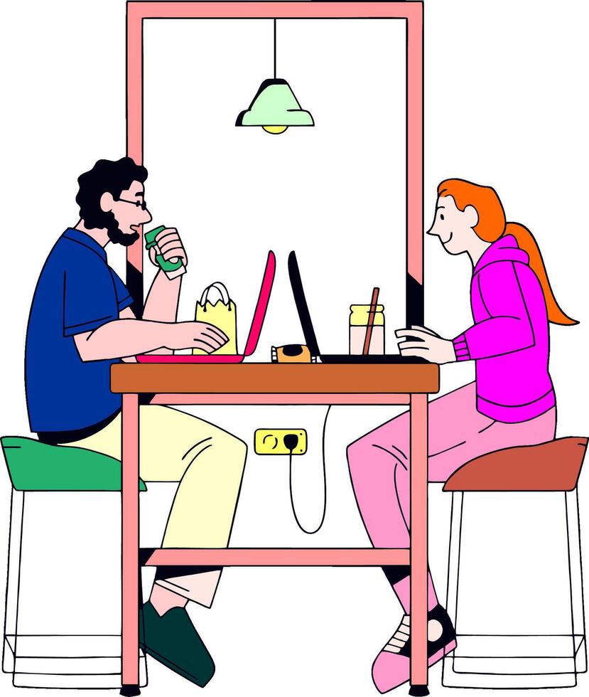 illustration of a couple sitting at a table with laptops vector