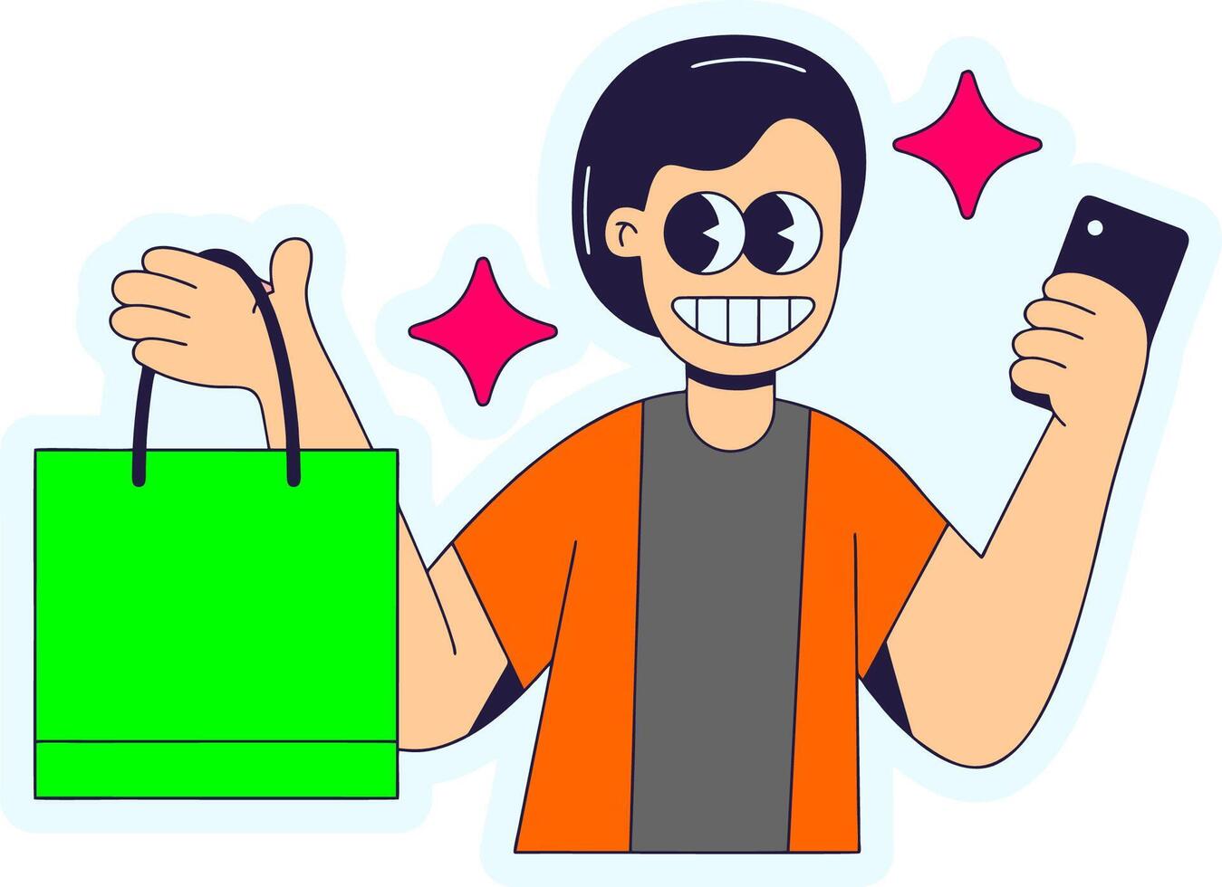 a man holding a green bag and a cell phone vector