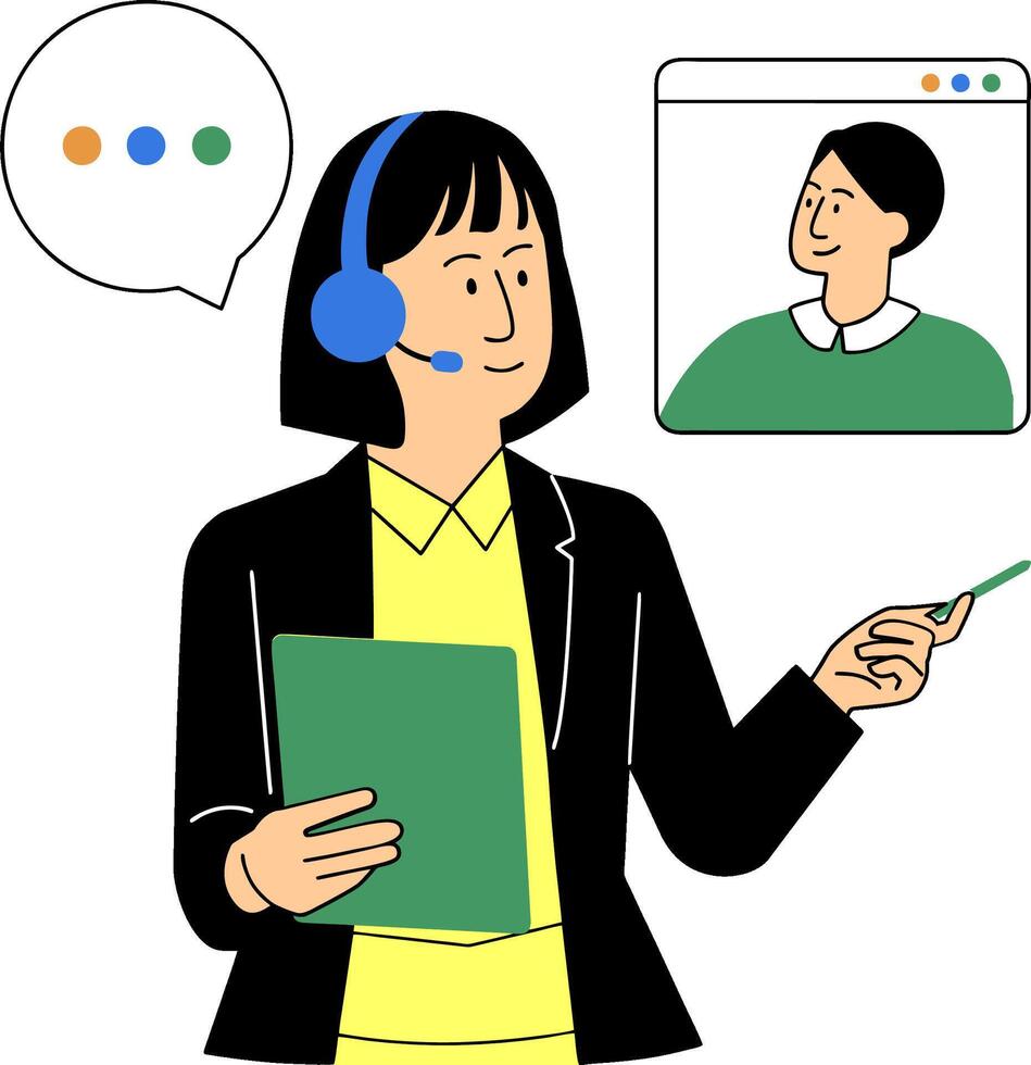 a woman with a headset and a tablet computer vector
