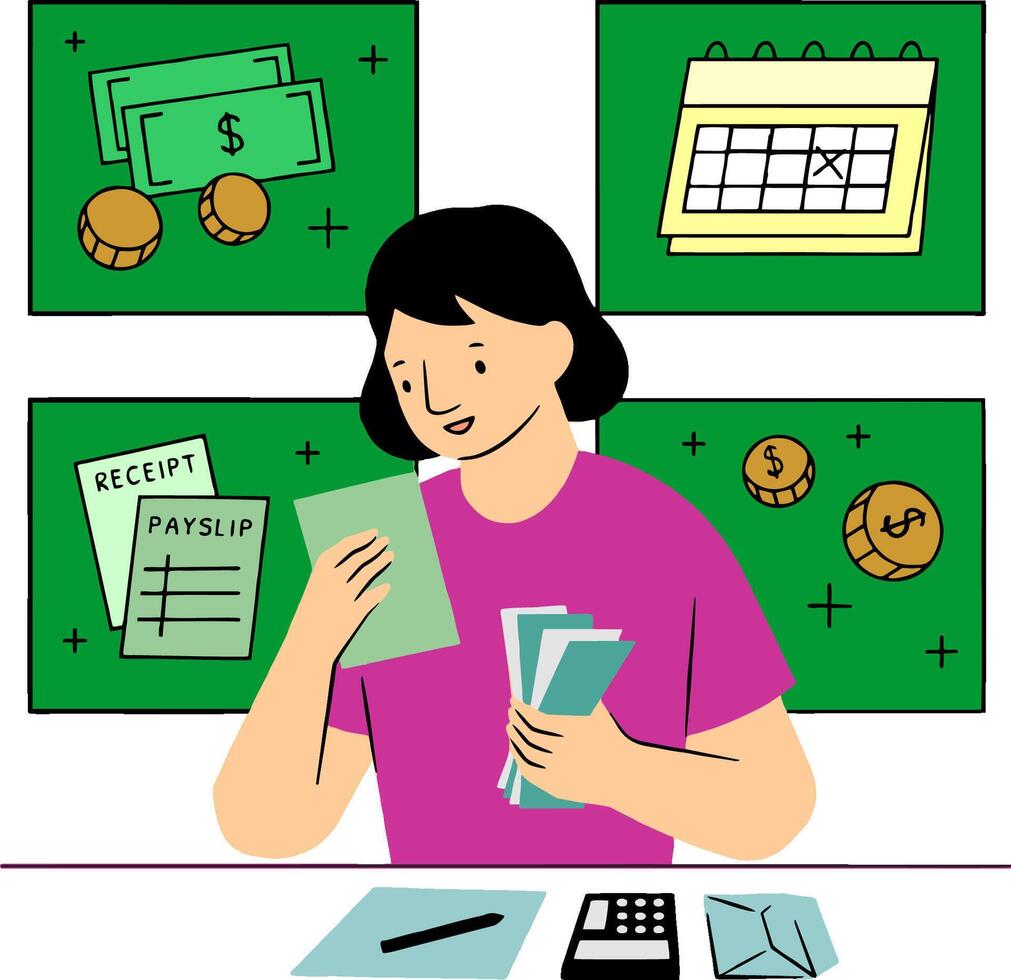a woman is sitting at a desk with a pile of papers and money vector