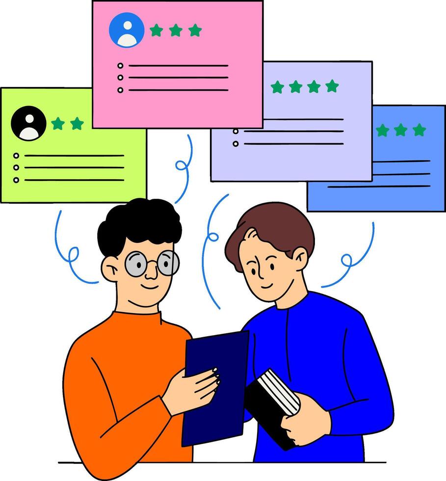 two people reading a book with five stars on it vector