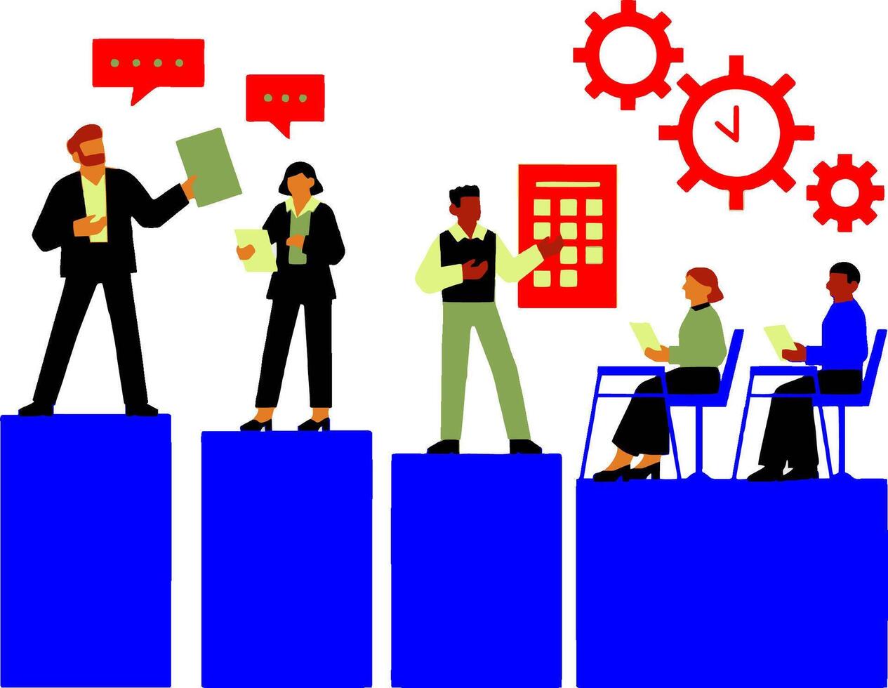 business people on a podium with a clock and a person standing next to them vector