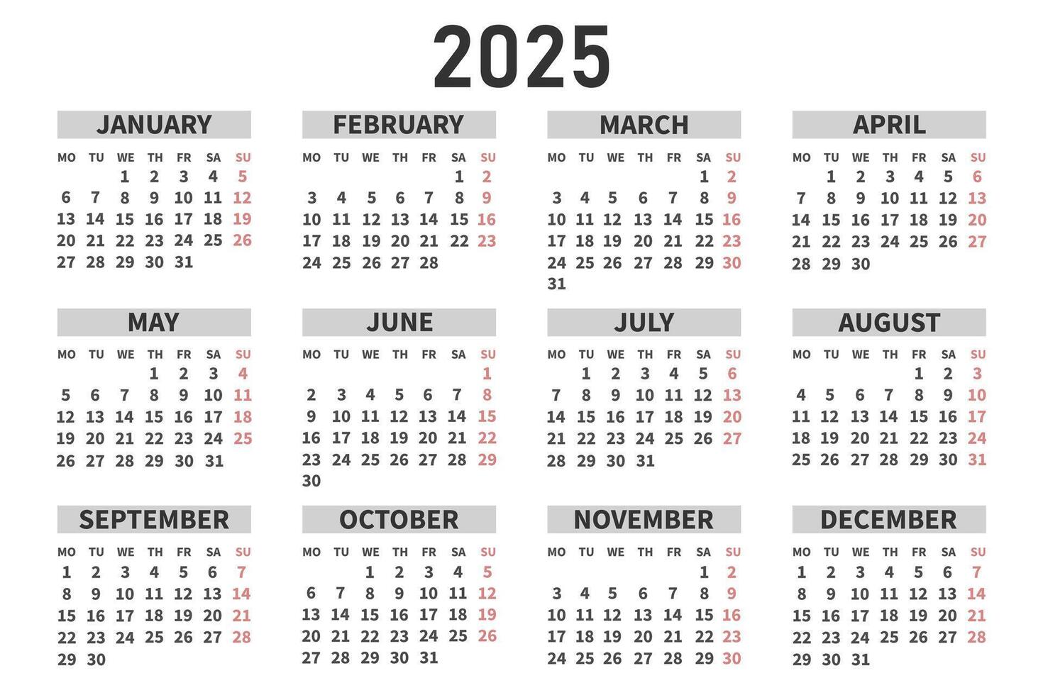 Classic horizontal calendar 2025 in English. Days, weeks and months Horizontal Monthly Calendar 2025