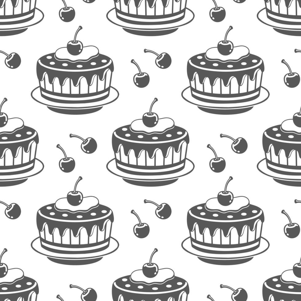Seamless pattern, cherry cakes, engraving, baking silhouettes. Black and white illustration, food background vector