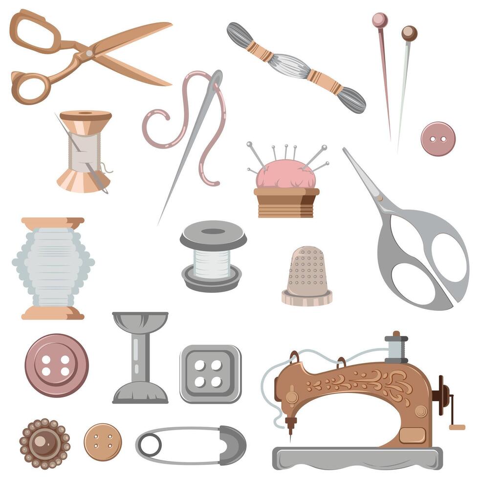Vintage Sewing Tools Set with Colorful Threads vector