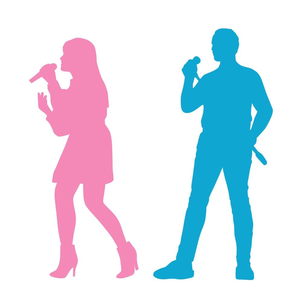 Silhouette of a Man and Women Singing with Microphone vector
