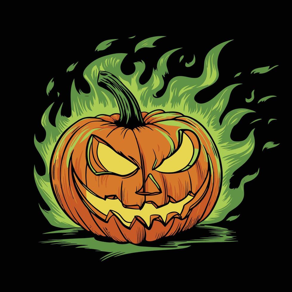 Glowing jack-o'-lantern with green flames illustration vector