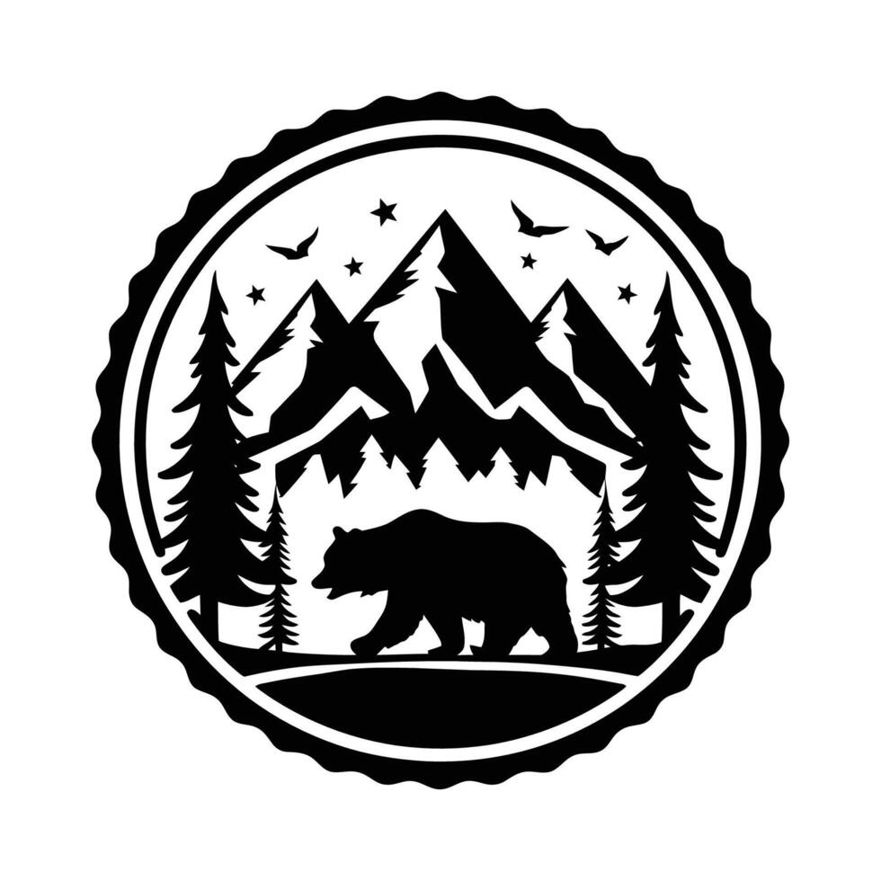 bear and mountain landscape badge vector
