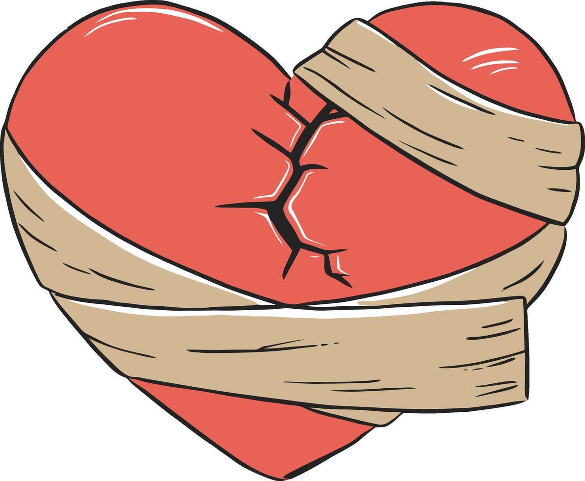 broken heart with a bandage wrapped around illustration vector
