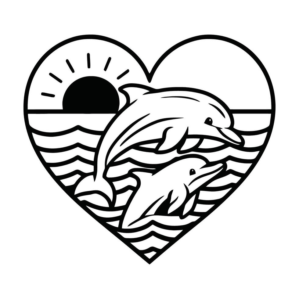 heart with dolphins and sunset outline illustration vector