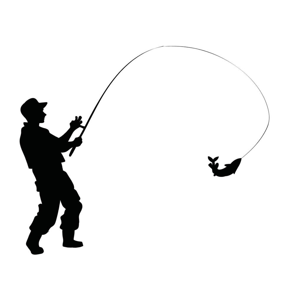 silhouette of a fisherman with fishing rod vector