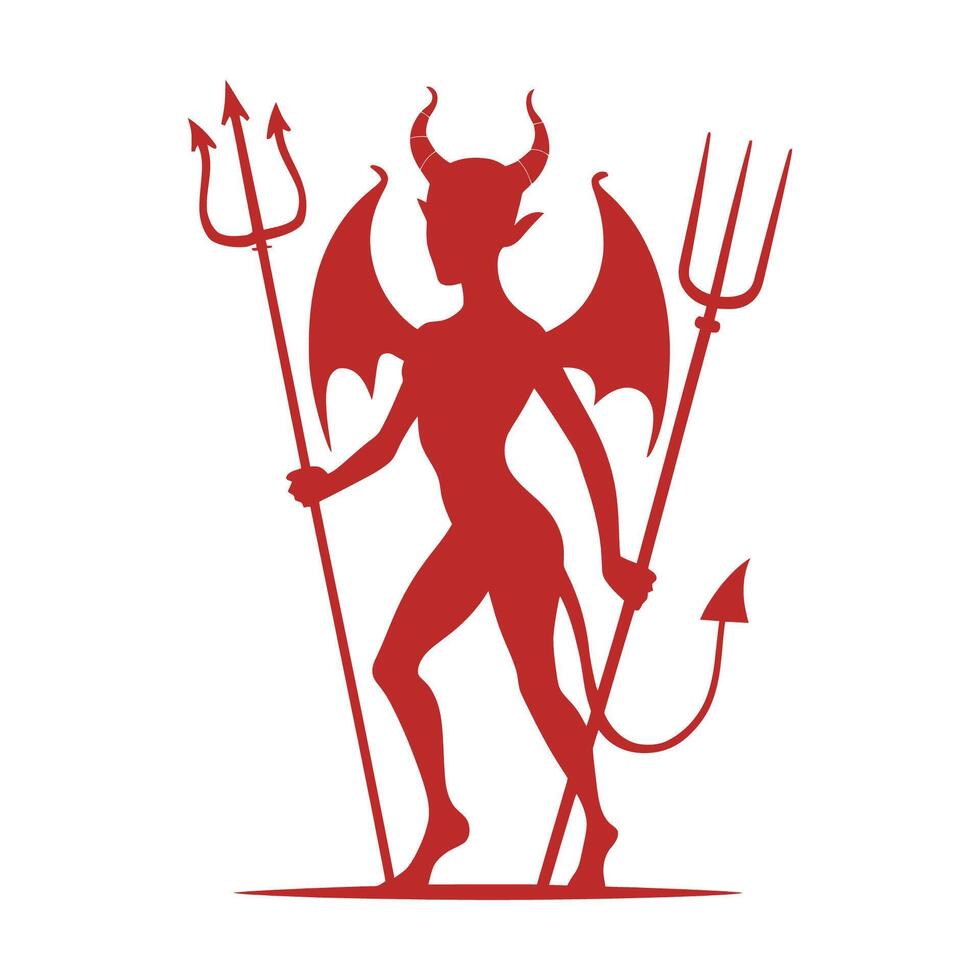 red devil with pitchfork silhouette vector