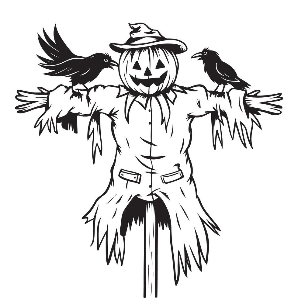 halloween scarecrow with crows sketch illustration vector