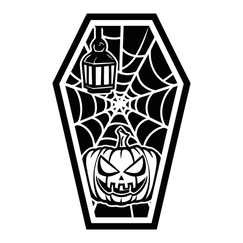 halloween coffin with pumpkin and spider web illustration vector