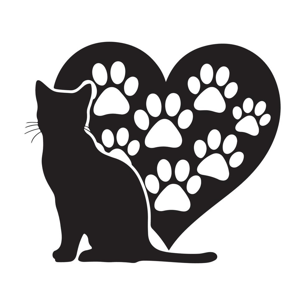 cat silhouette with heart and paw prints vector