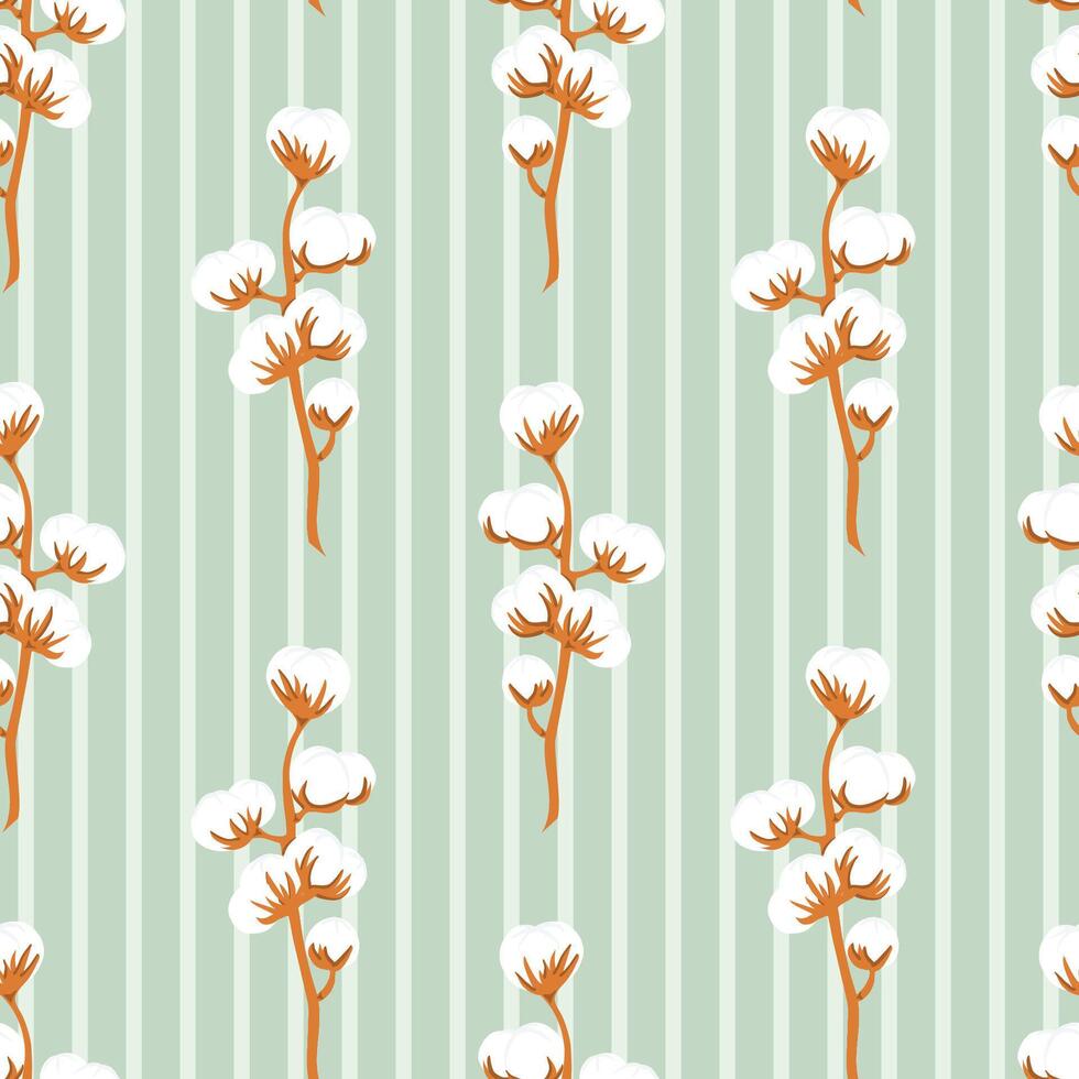 Hand drawn branch of cotton flower plant on striped green seamless pattern vector