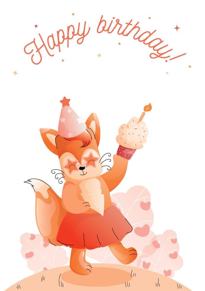 Childrens cute greeting card. A playful fox in a festive hat holds a cupcake, against a background of hearts and stars. vector