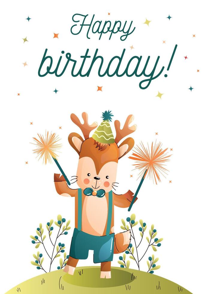 Childrens cute greeting card. A jolly deer with a festive hat and sparklers in hand celebrates a happy birthday. vector
