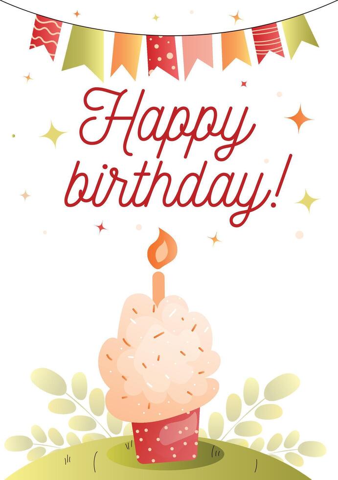 Childrens cute greeting card. Birthday greetings with colorful decorations and a birthday cake with a candle. . vector