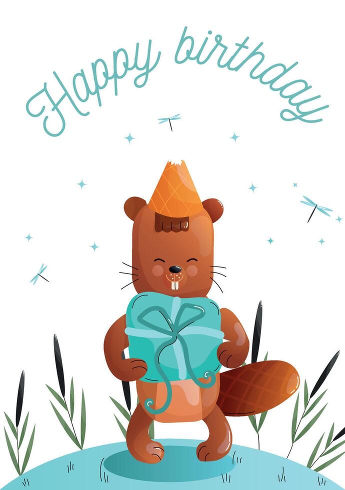 Childrens cute greeting card. Cartoon beaver celebrating a birthday with a gift in a natural setting. . vector