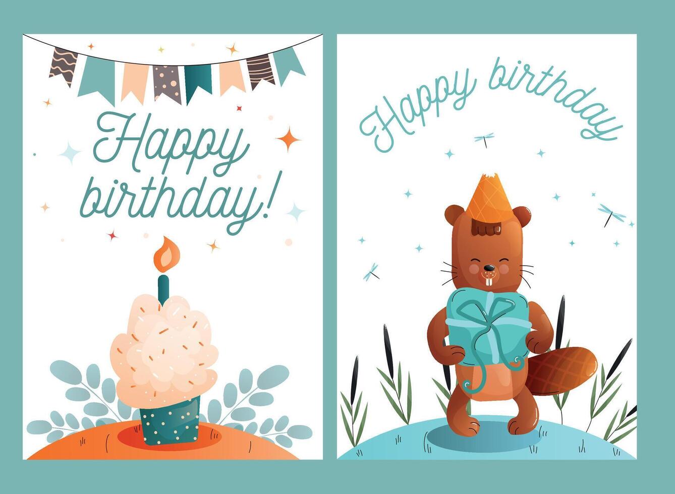Childrens cute greeting card. Set of happy birthday card with beaver and birthday cake. . vector