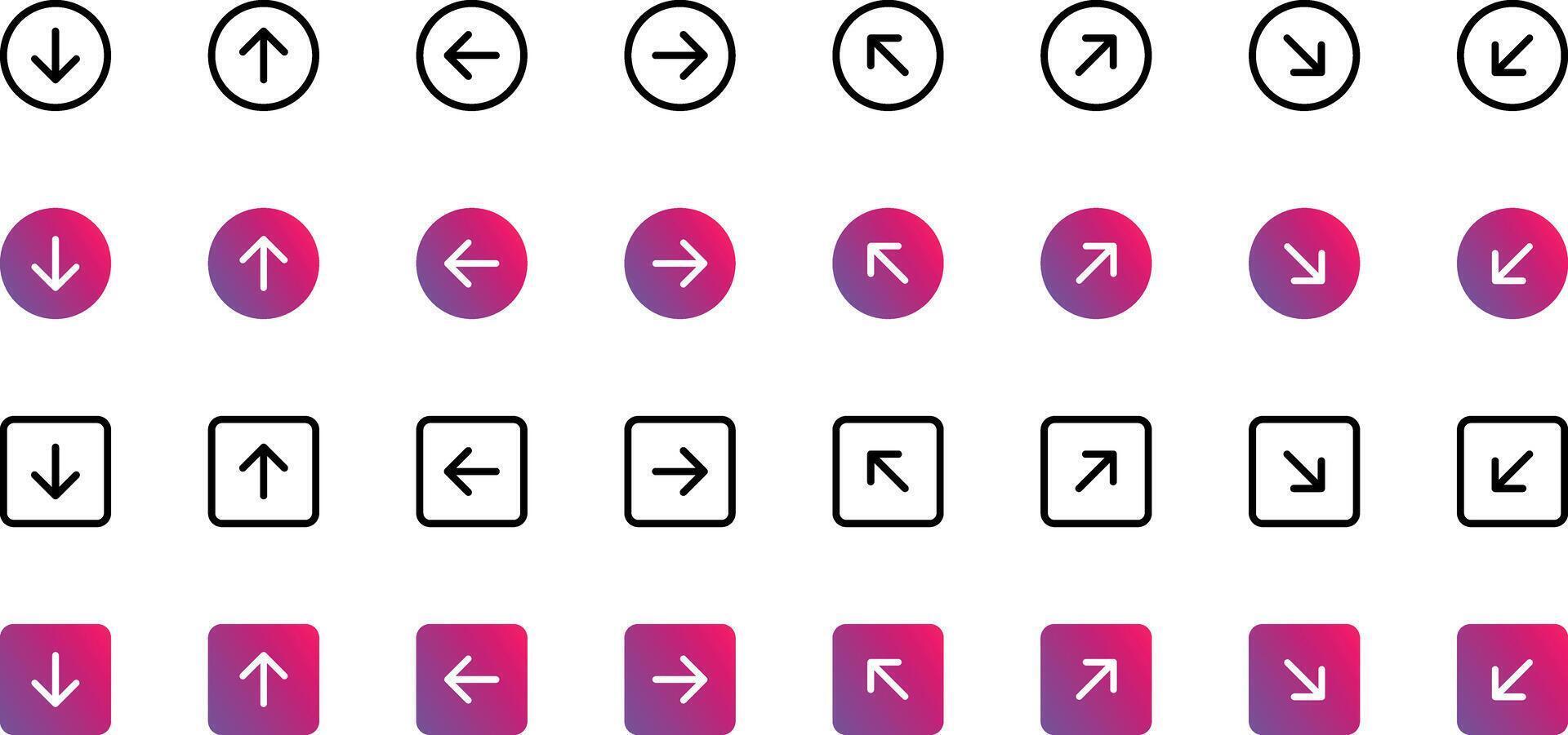Arrows big black set icons, arrow icon, modern simple arrows, arrow collection cursor in gradient fill. Cursor arrow up down and symbol. Modern simple solid arrows in circle and square shape vector