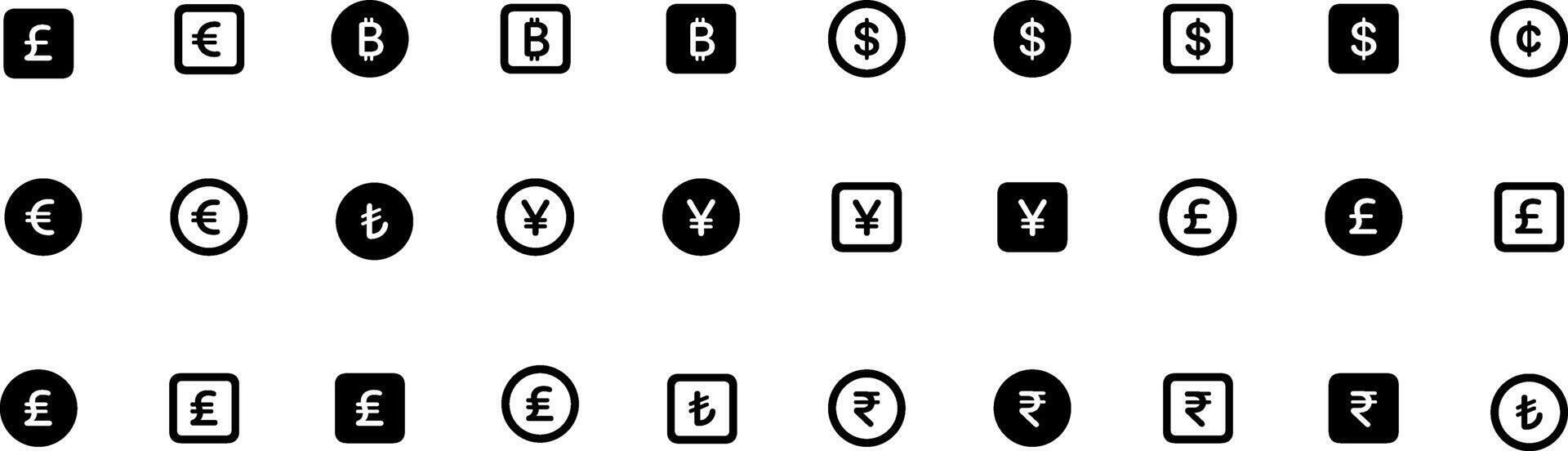 World Currency Line and Silhouette Icon Set. Euro, Usd Dollar, Bitcoin, Yen, Franc, Pound Sterling Pictogram. Money Symbols and Cryptocurrency Sign. Editable Stroke. Isolated Illustration. vector