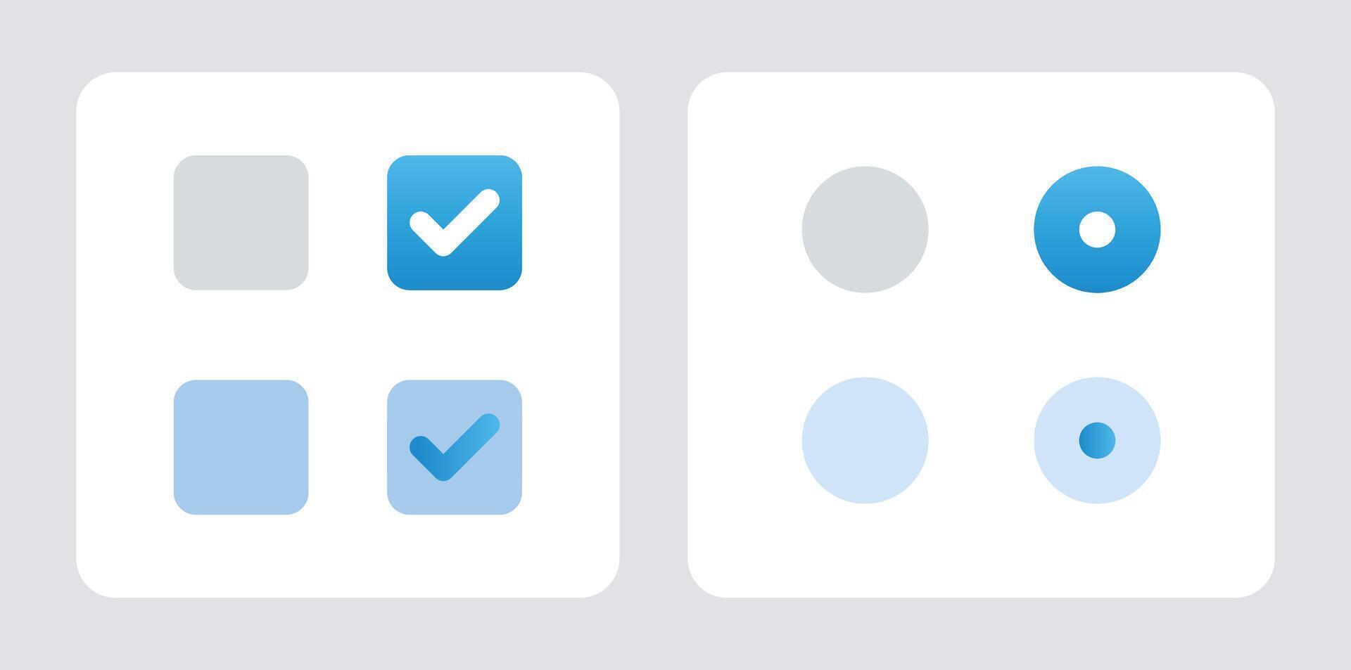 check mark icon set. Radio, checkbox and switch check mark used for choice between one of two possible mutually exclusive options. GUI, HTML CSS Radio, Checkbox and switch template. vector