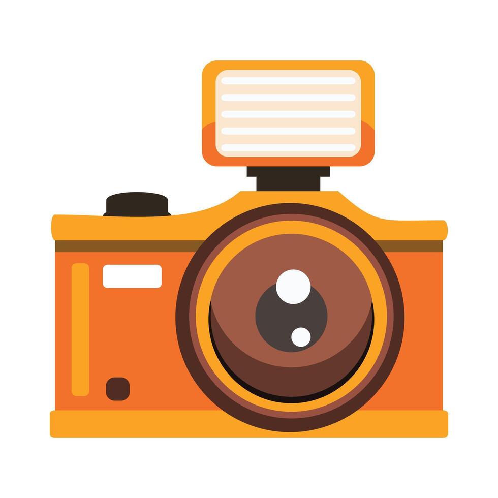 A stylized illustration of an orange and black camera with a large lens in the center, a flash attachment on top, and various buttons and details suggesting it is possibly a digital camera. vector