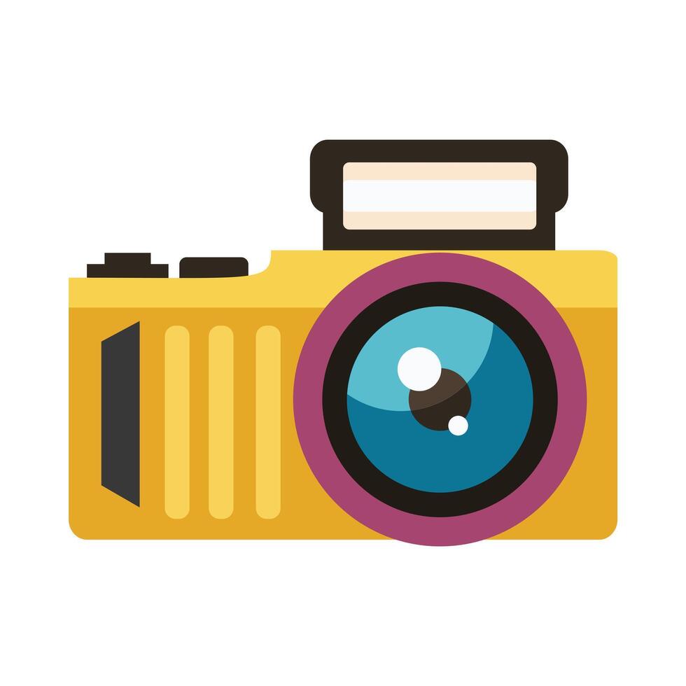 A vibrant digital illustration of a camera with a large blue lens, a yellow body, and black details. The camera is depicted in a flat, graphic style, emphasizing its colorful and modern design vector