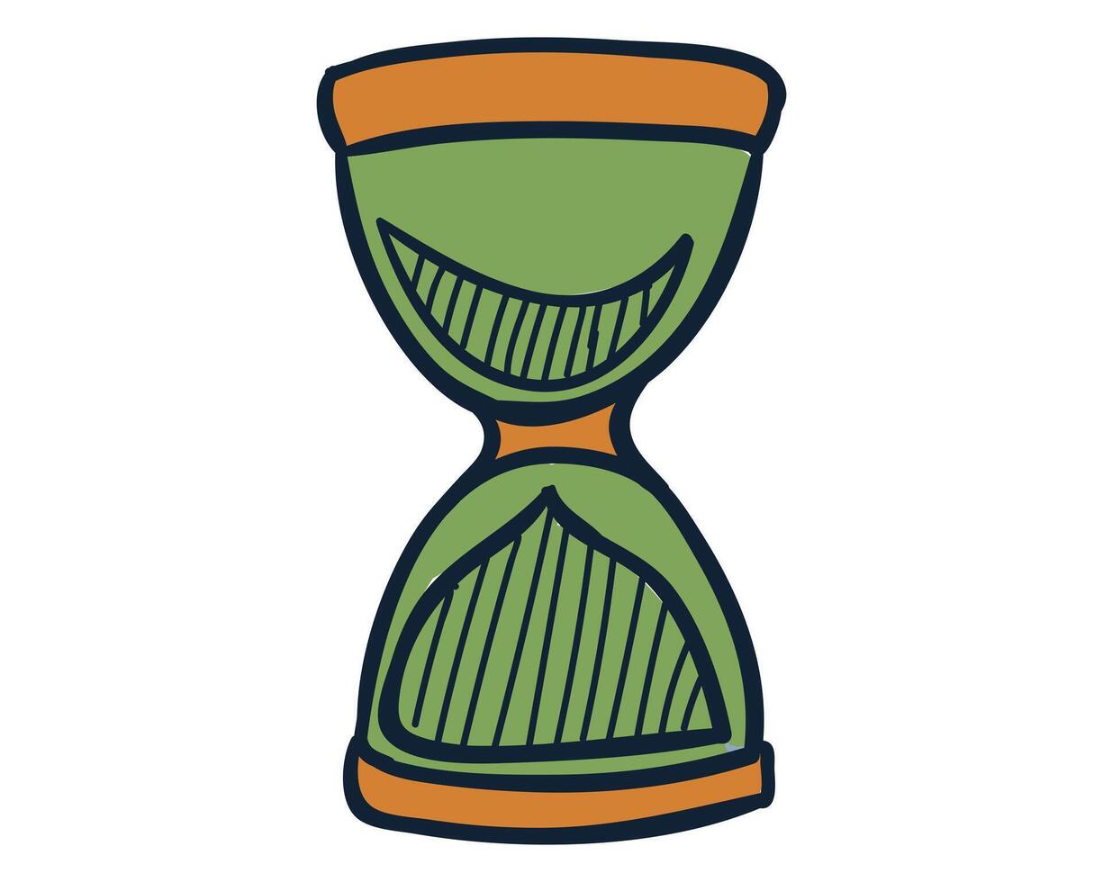A stylized drawing of an hourglass with green and orange borders, featuring anthropomorphic patterns resembling a smiling mouth in both compartments vector