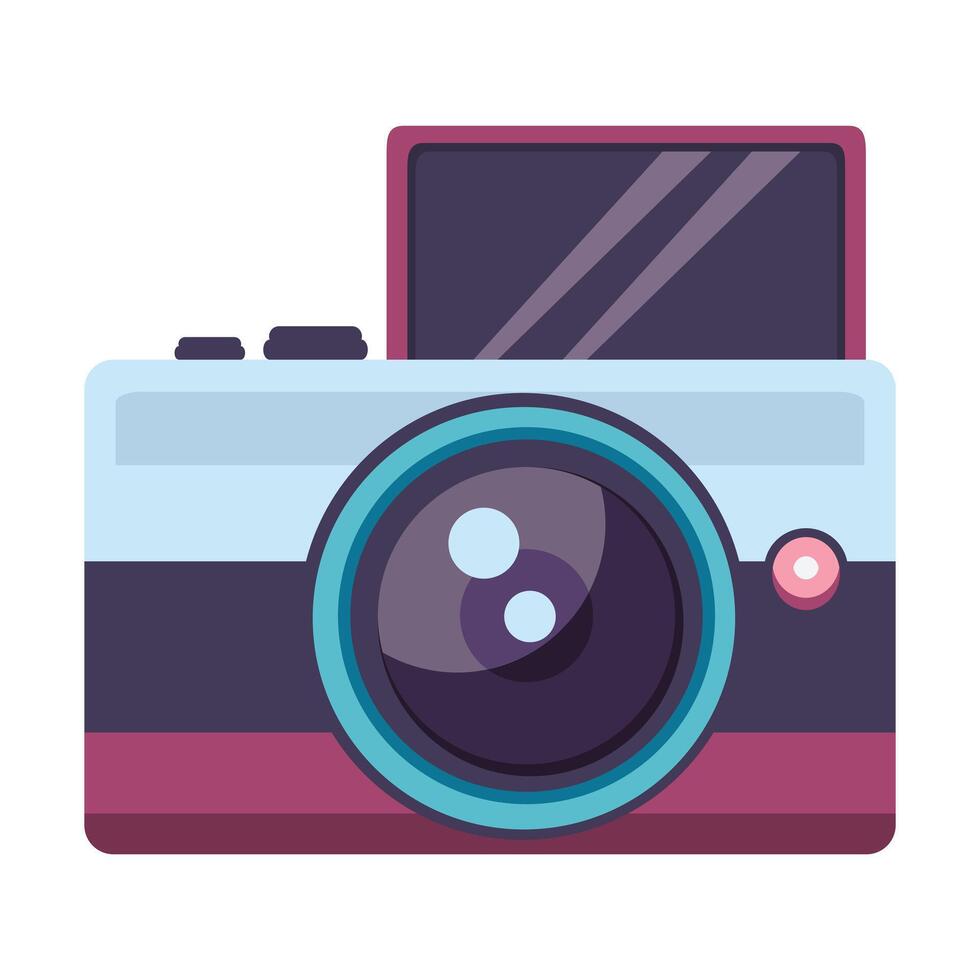 minimalist camera illustration features a white body with dark grey and maroon accents. The large blue lens and small pink button add a modern touch, making it perfect for icons web graphics vector