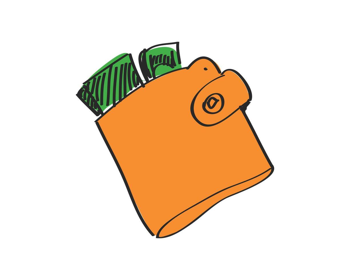 A stylized drawing of an orange wallet with green money sticking out from the top, featuring a button snap closure. This image suggests themes of finance, spending, and saving vector