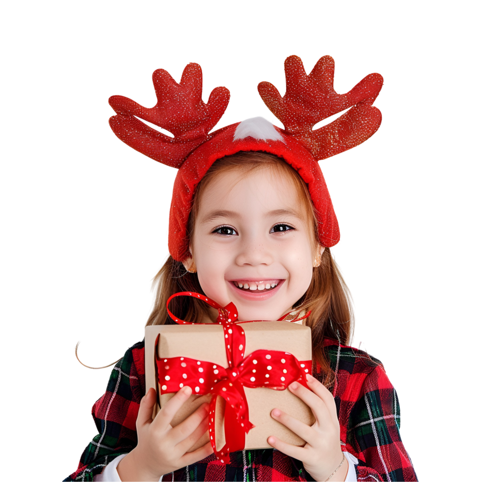 a little girl in a reindeer hat holding a gift box png