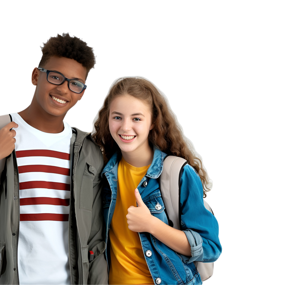 two young people posing for the camera with thumbs up png